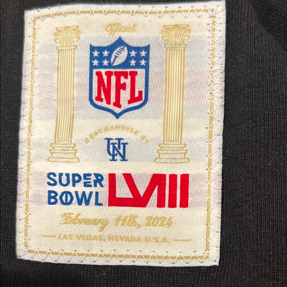 2024 NFL Black Crewneck T Shirt with authenticated Super Bowl Patches.